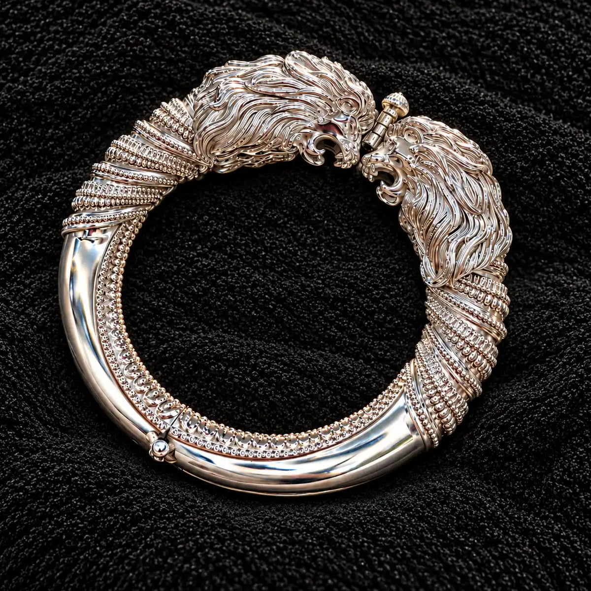 Traditional Design Silver Kada with Double Lion Head and Intricate Carving