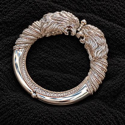 Traditional Design Silver Kada with Double Lion Head and Intricate Carving