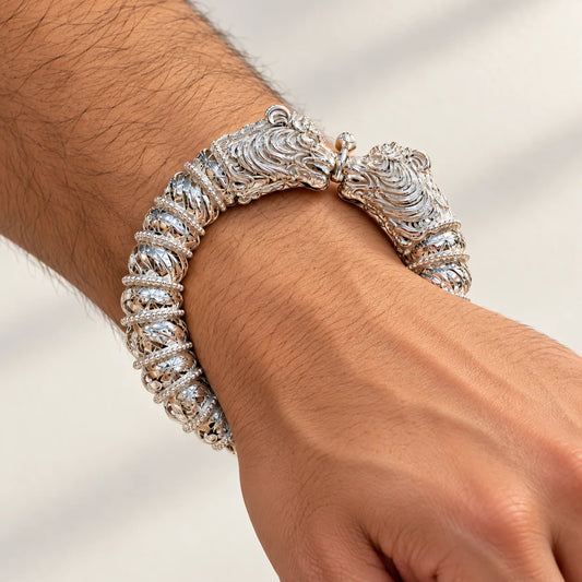 Traditional Design Silver Kada with Lion Head and Intricate Carving