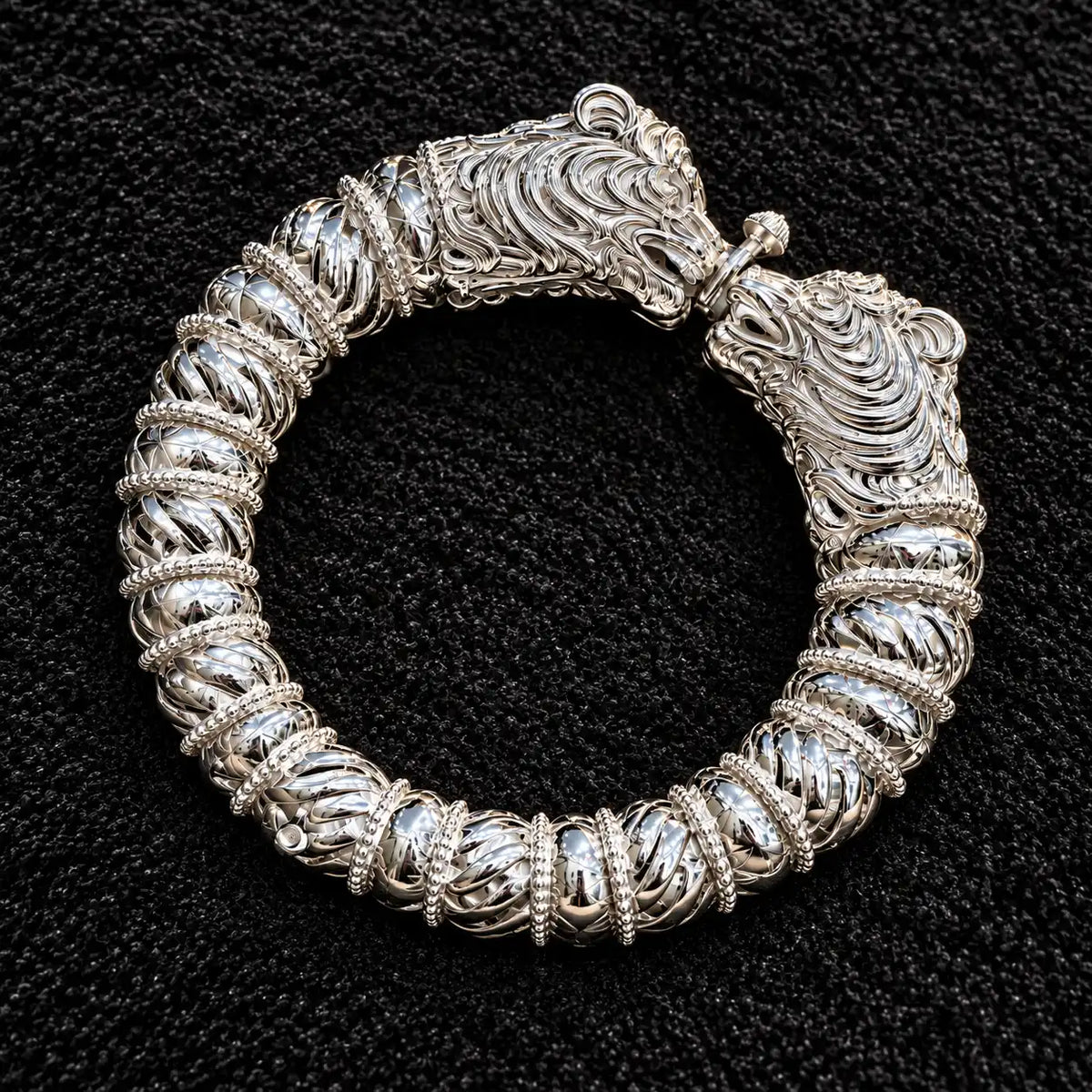 Traditional Design Silver Kada with Lion Head and Intricate Carving