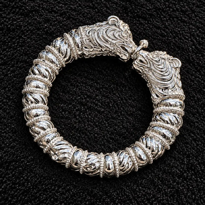 Traditional Design Silver Kada with Lion Head and Intricate Carving