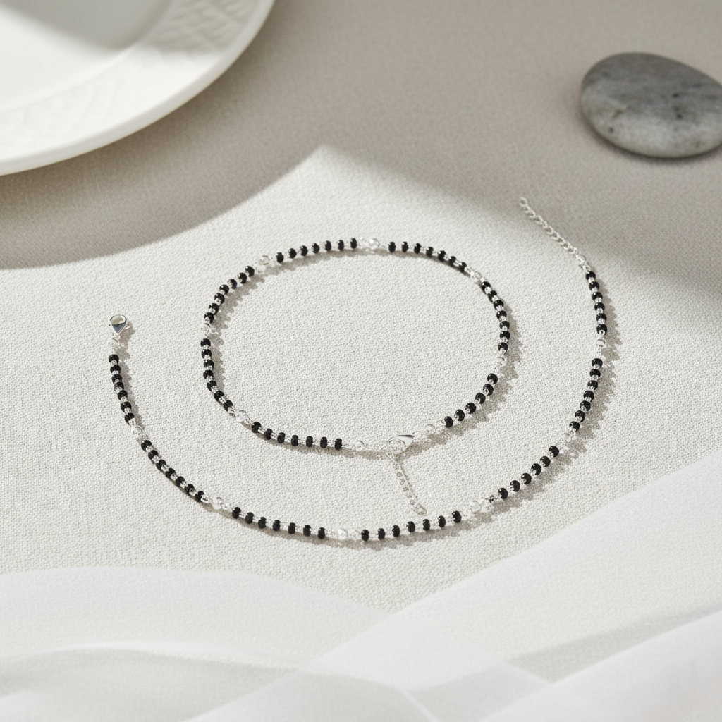 Traditional Mangalsutra Design Black Beads Silver Anklet