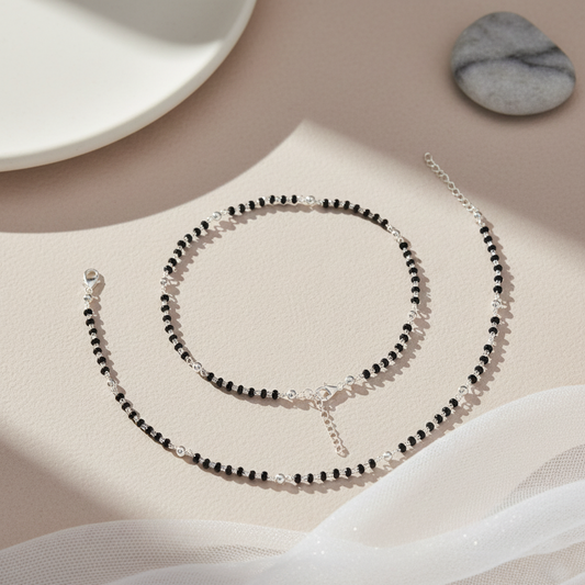 Traditional Mangalsutra Design Black Beads Silver Anklet