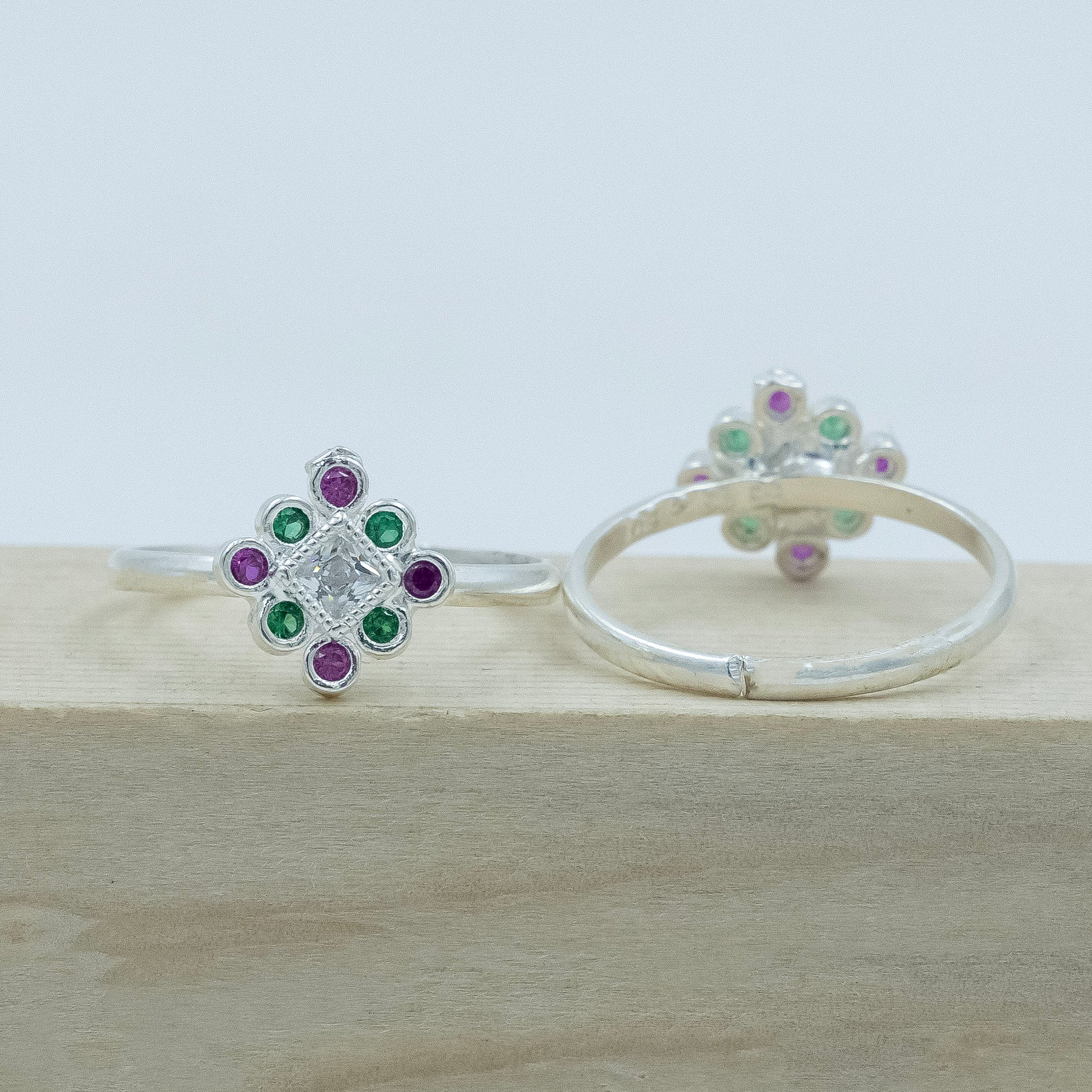 Traditional Multicolour Stone Silver Toe Ring(Bichiya)