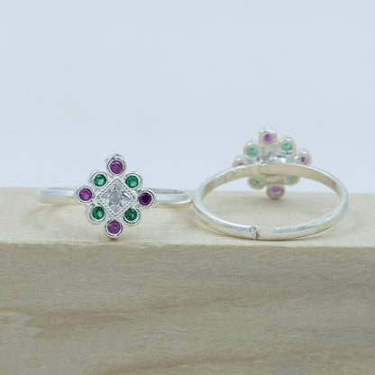 Traditional Multicolour Stone Silver Toe Ring(Bichiya)