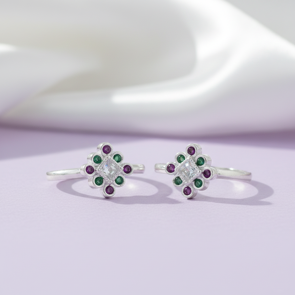 Traditional Multicolour Stone Silver Toe Ring(Bichiya)