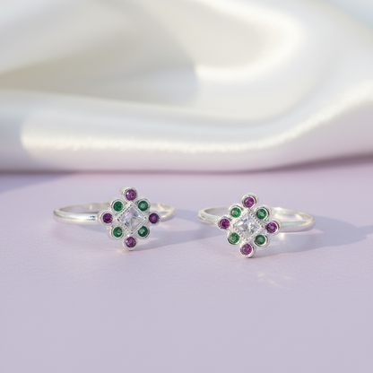 Traditional Multicolour Stone Silver Toe Ring(Bichiya)