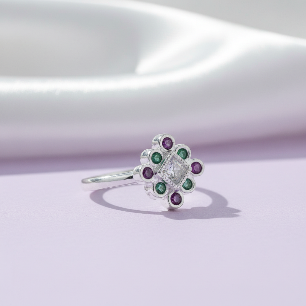 Traditional Multicolour Stone Silver Toe Ring(Bichiya)