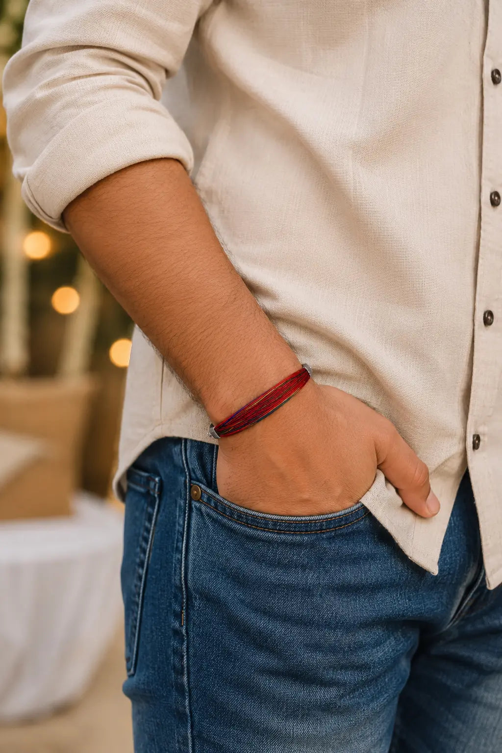 Traditional red and yellow Moli Kalava sacred thread tied on a man's wrist