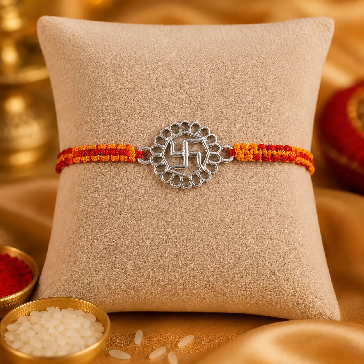 925 Sterling Silver Swastik Rakhi displayed on a premium beige cushion with festive Raksha Bandhan decor including kumkum, rice, marigold flowers, brass pooja thali, and diya.
