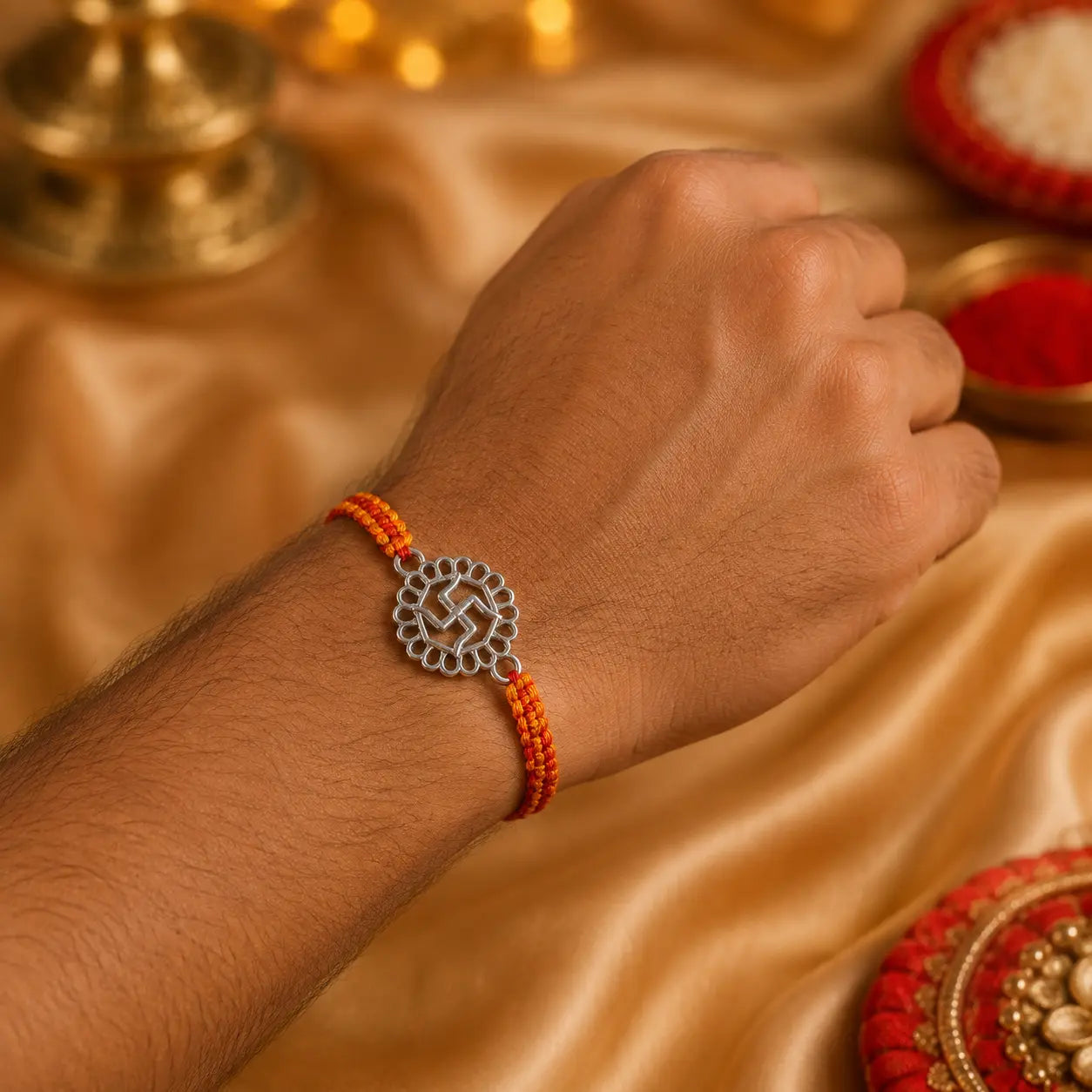 925 Sterling Silver Swastik Rakhi displayed on a premium beige cushion with festive Raksha Bandhan decor including kumkum, rice, marigold flowers, brass pooja thali, and diya.