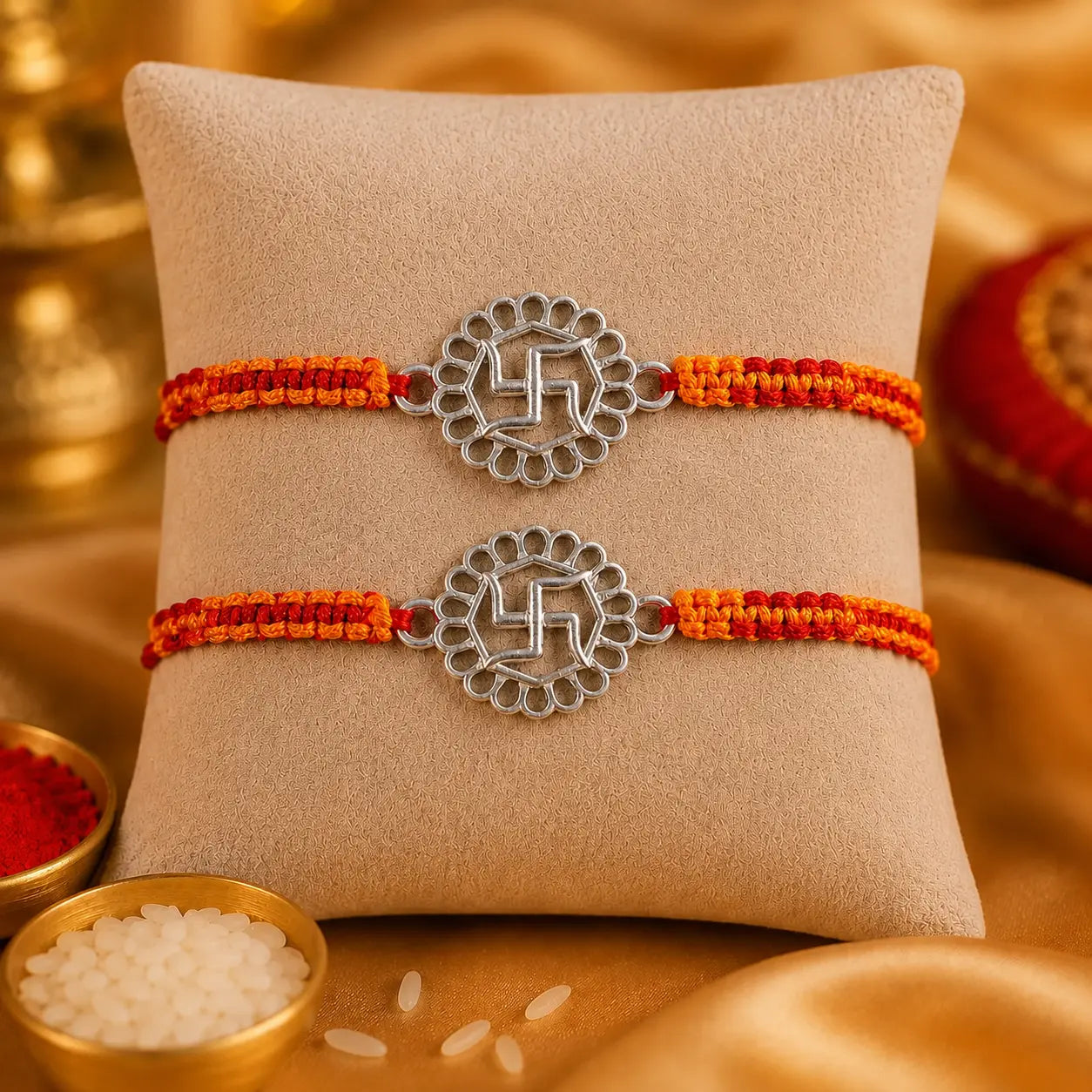 925 Sterling Silver Swastik Rakhi displayed on a premium beige cushion with festive Raksha Bandhan decor including kumkum, rice, marigold flowers, brass pooja thali, and diya.