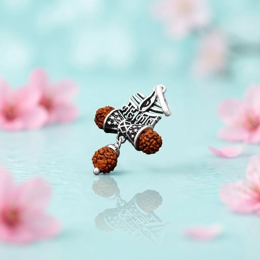 Trendy Oxidised Silver "महाकाल" Damru Pendant with Rudraksha