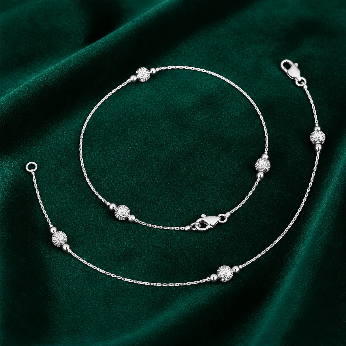 Twilight Bead Anklet Pure Silver Chain with Spherical Beads