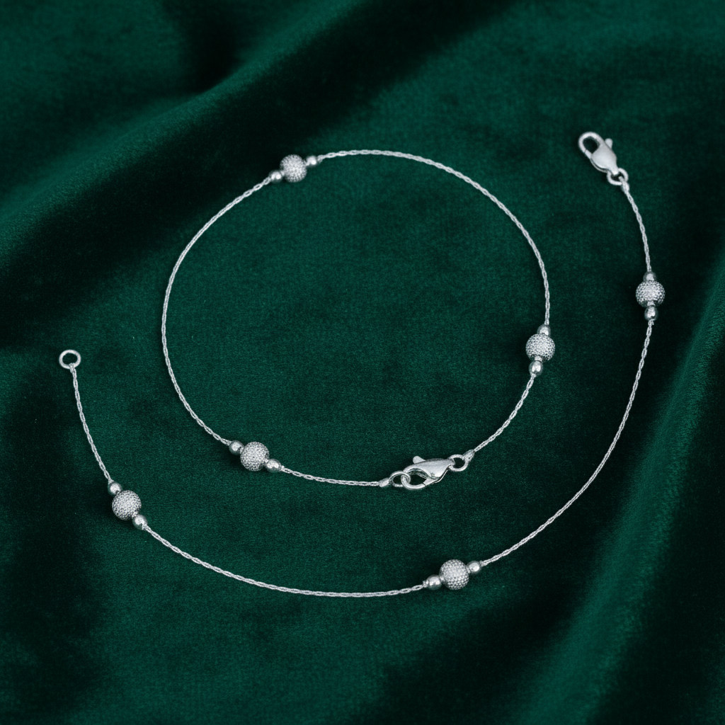 Twilight Bead Anklet Pure Silver Chain with Spherical Beads
