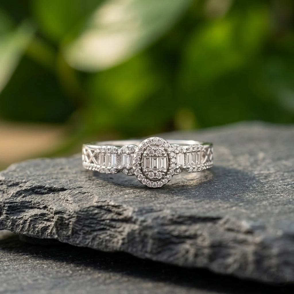 Vintage Oval Halo Baguette Diamond Style Statement Cocktail Ring for Women