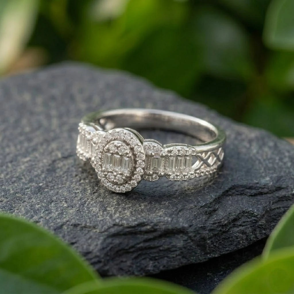 Vintage Oval Halo Baguette Diamond Style Statement Cocktail Ring for Women