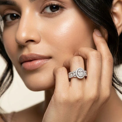 Vintage Oval Halo Baguette Diamond Style Statement Cocktail Ring for Women