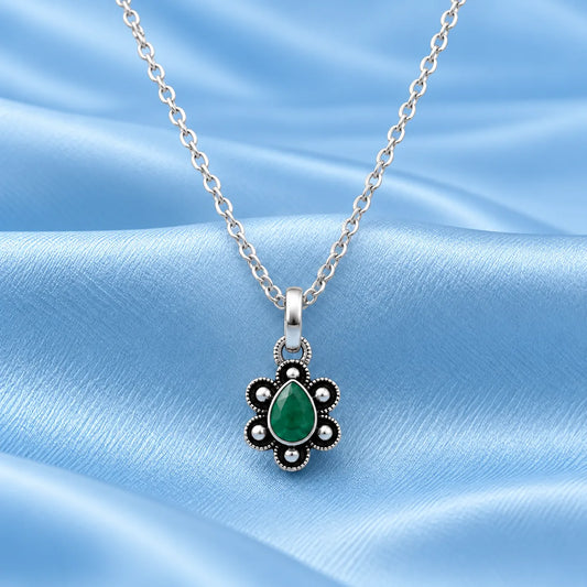 Vintage Style Silver Floral Pendant – Green Stone
