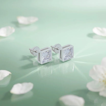 White Square Gemstone Silver Stud Earrings