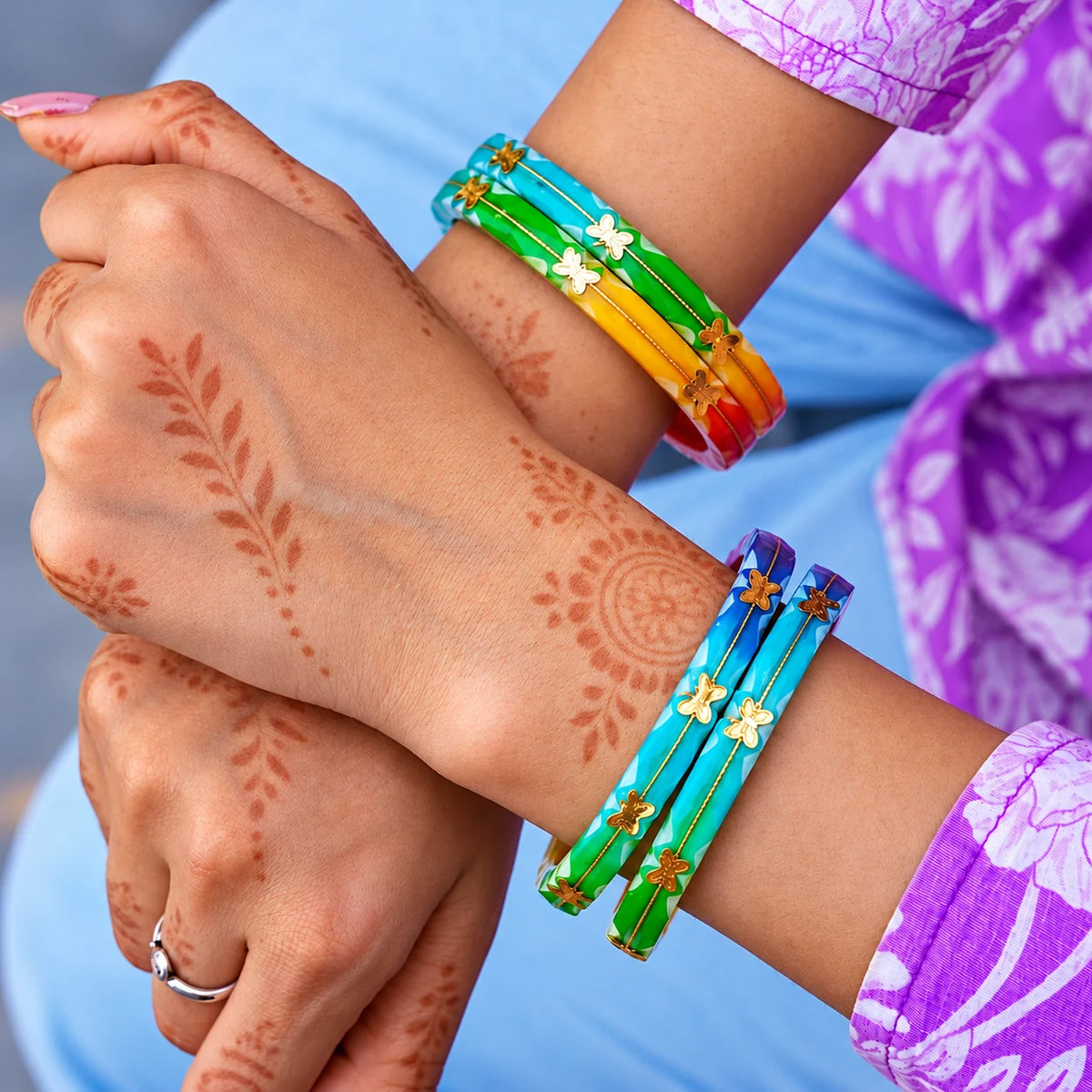 Multicolour Butterfly Charm Bangles with Golden Detailing for Women