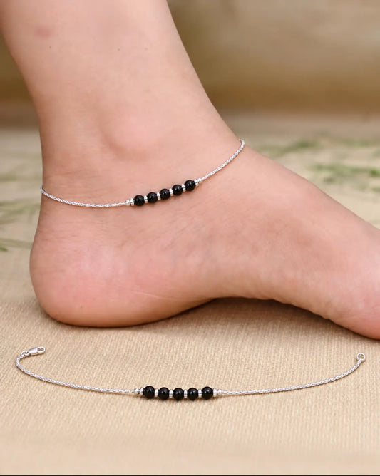 Black & Silver Beads Silver Anklet