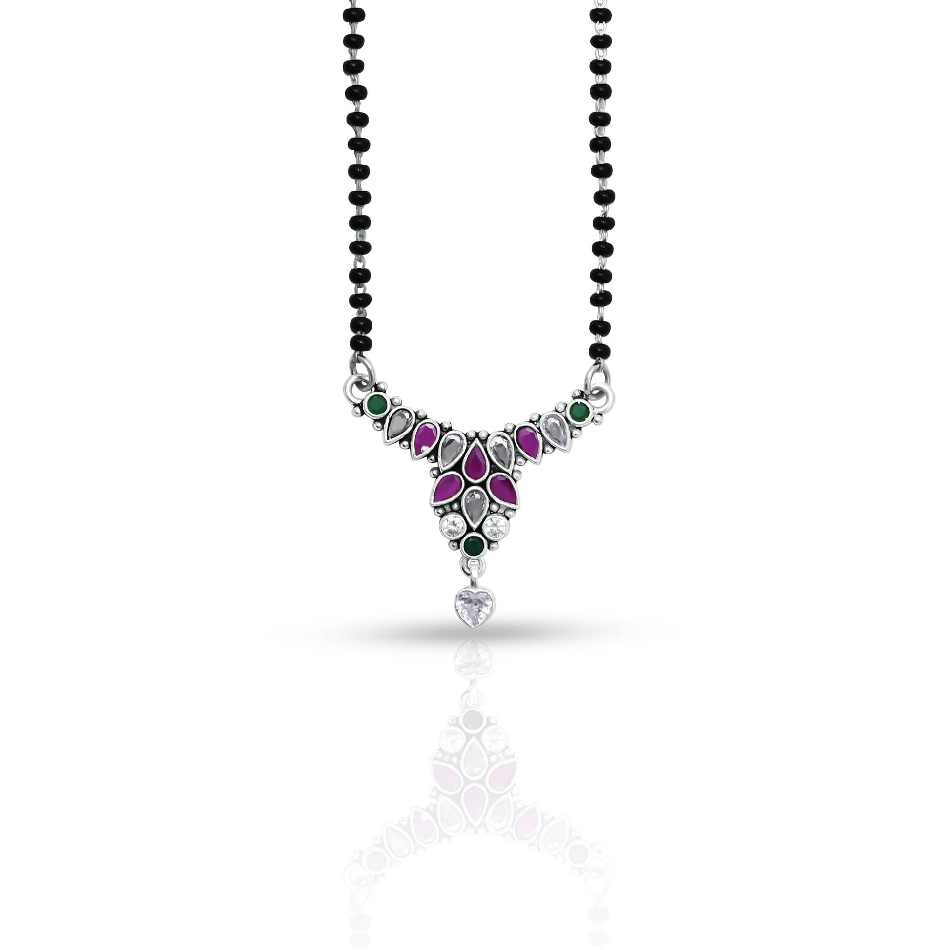 Elegant silver mangalsutra for women featuring a mix of vibrant gemstones in a vintage design