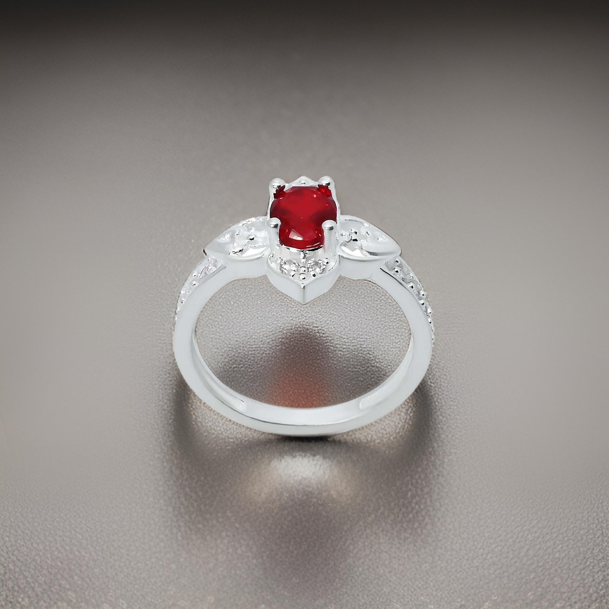 Silver Four Leaf Design Center Red Gem Stone Ring for Girls