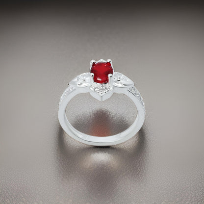 Silver Four Leaf Design Center Red Gem Stone Ring for Girls