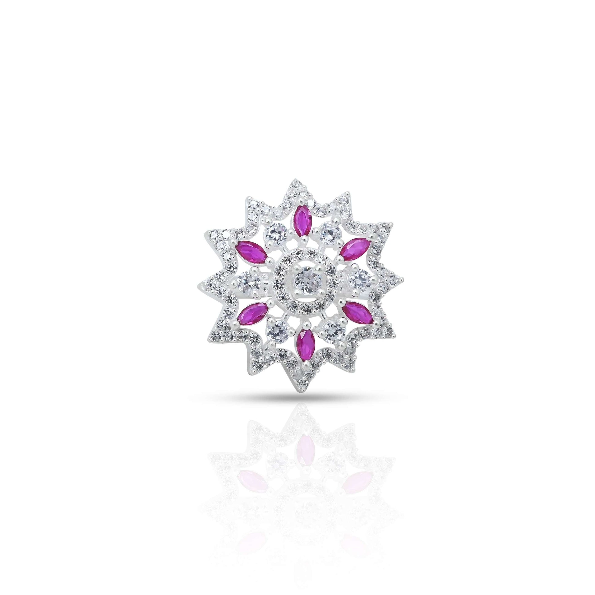 Delicate silver ring featuring a pink gemstone in a charming flower design for girls.