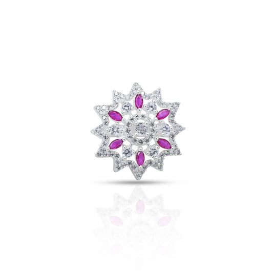 Delicate silver ring featuring a pink gemstone in a charming flower design for girls.