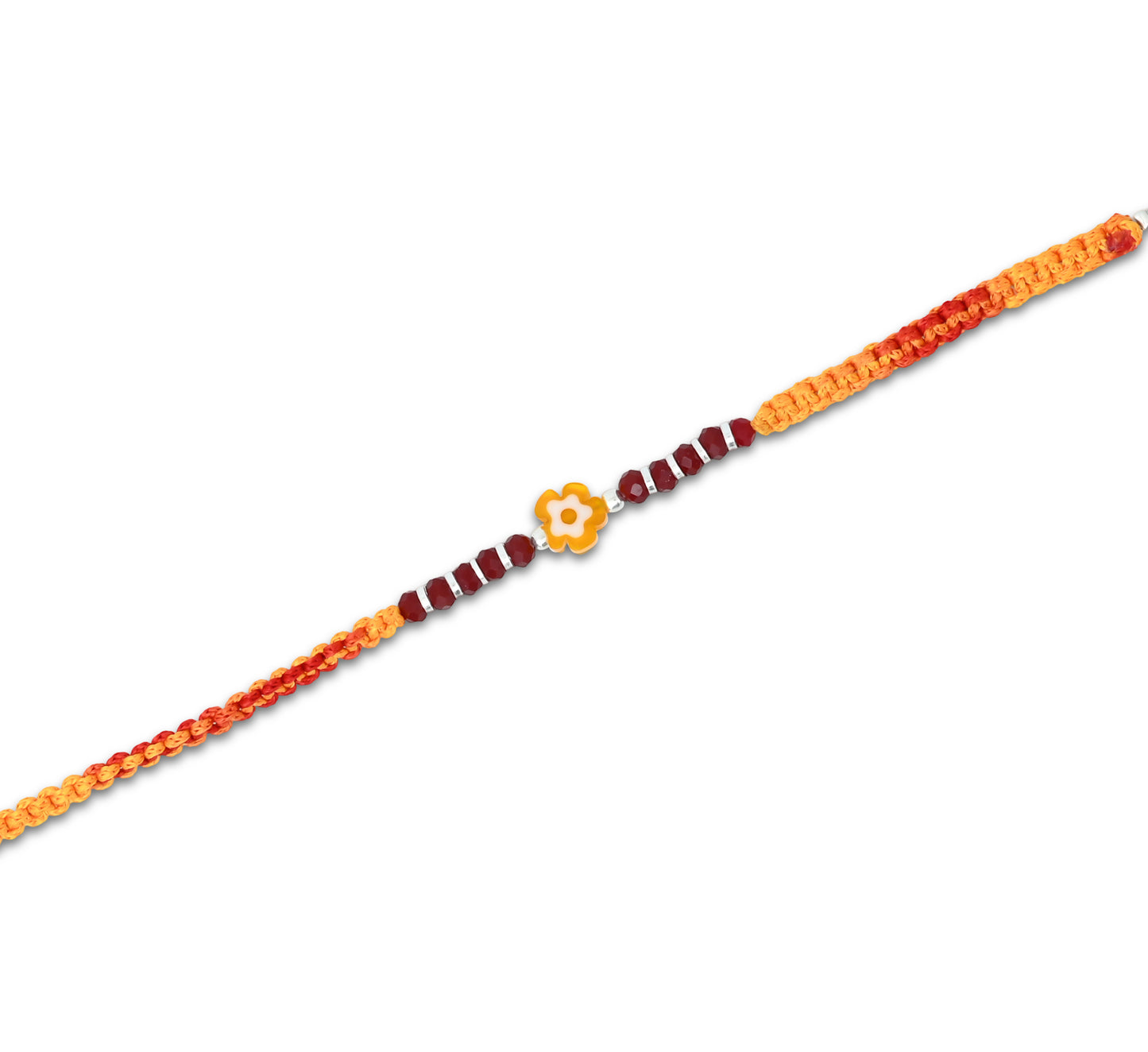 Boys' Rakhi featuring a silver center yellow flower with silver and light red bead accents.