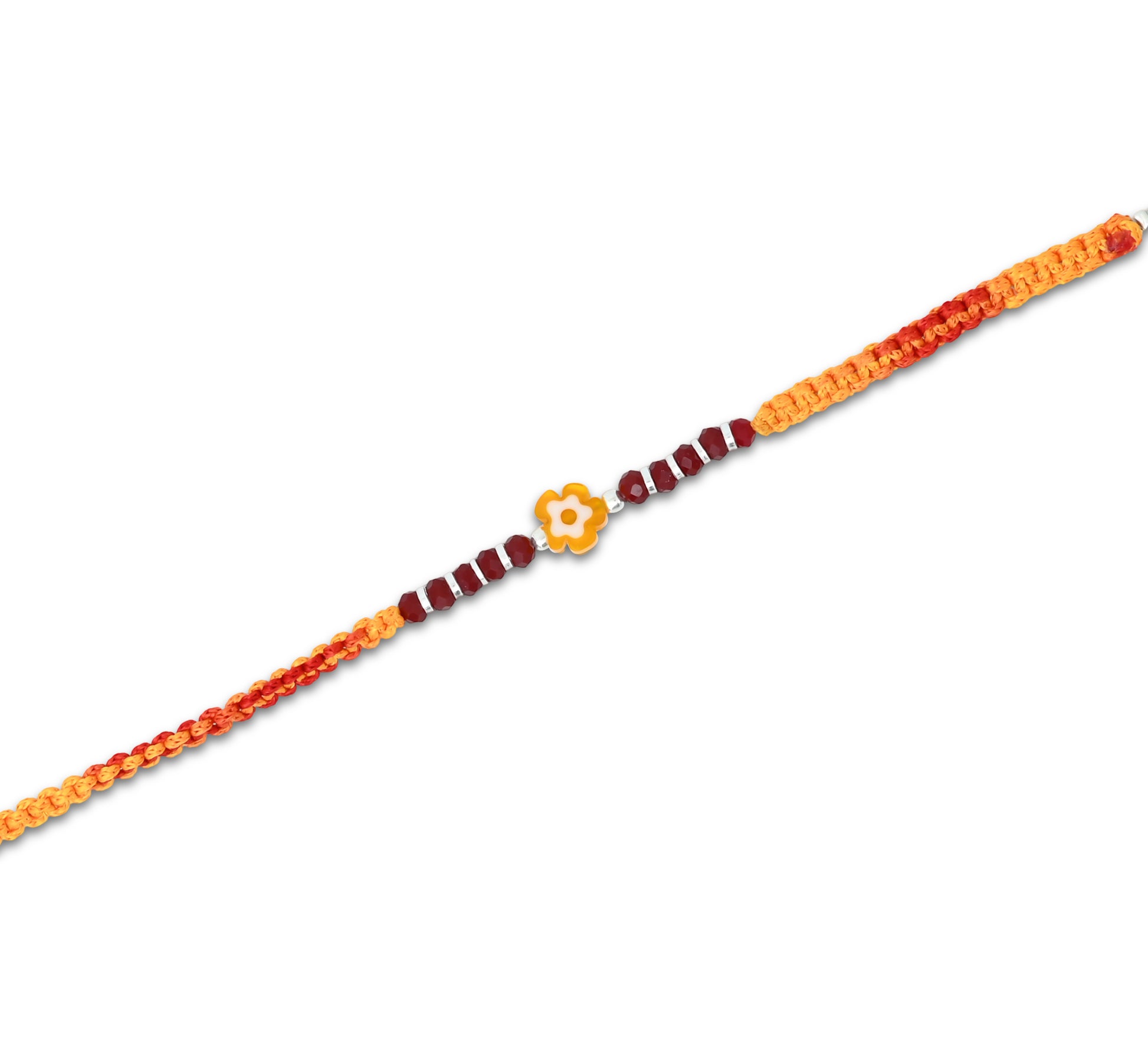 Boys' Rakhi featuring a silver center yellow flower with silver and light red bead accents.