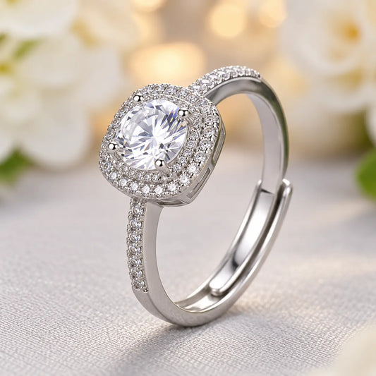 Premium Silver Tone Halo CZ Ring – Adjustable Fashion Jewelry