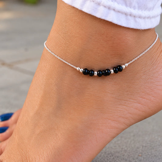 Silver Anklet with Black Beads for Women