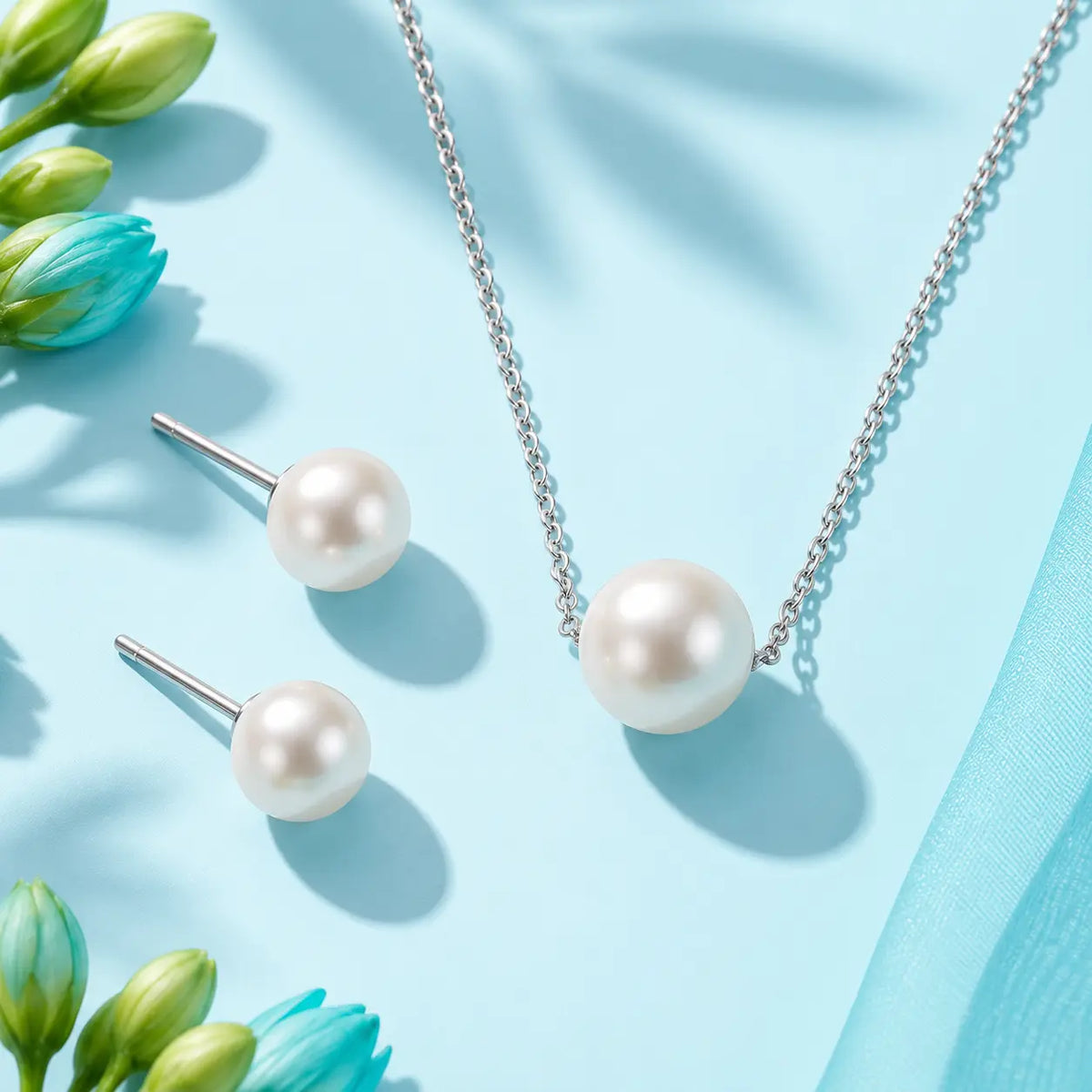 Silver Pearl Stud Earrings with Matching Pearl Pendant Necklace