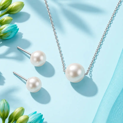 Silver Pearl Stud Earrings with Matching Pearl Pendant Necklace
