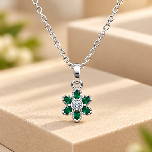 Sterling Silver Green Stone Floral Pendant