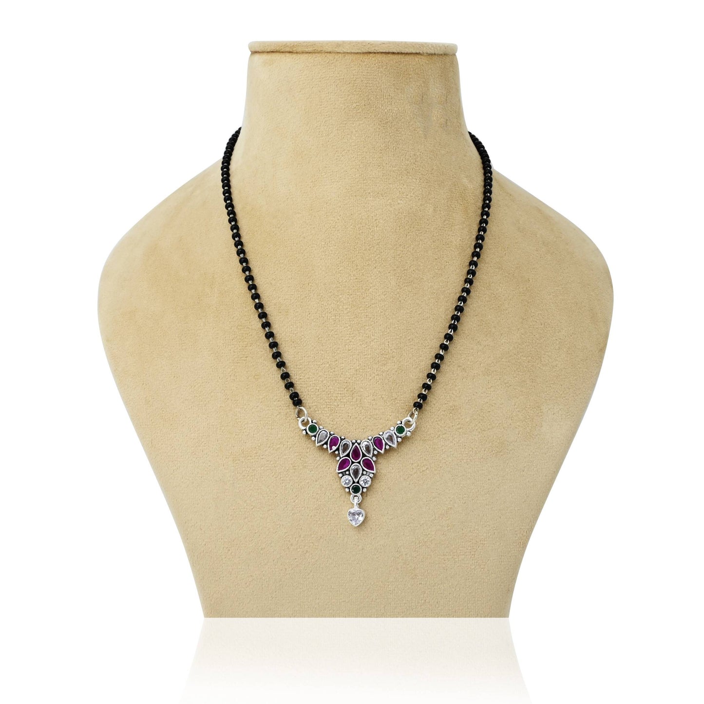 Vintage-style silver mangalsutra with multi-colored gemstones for a classic look