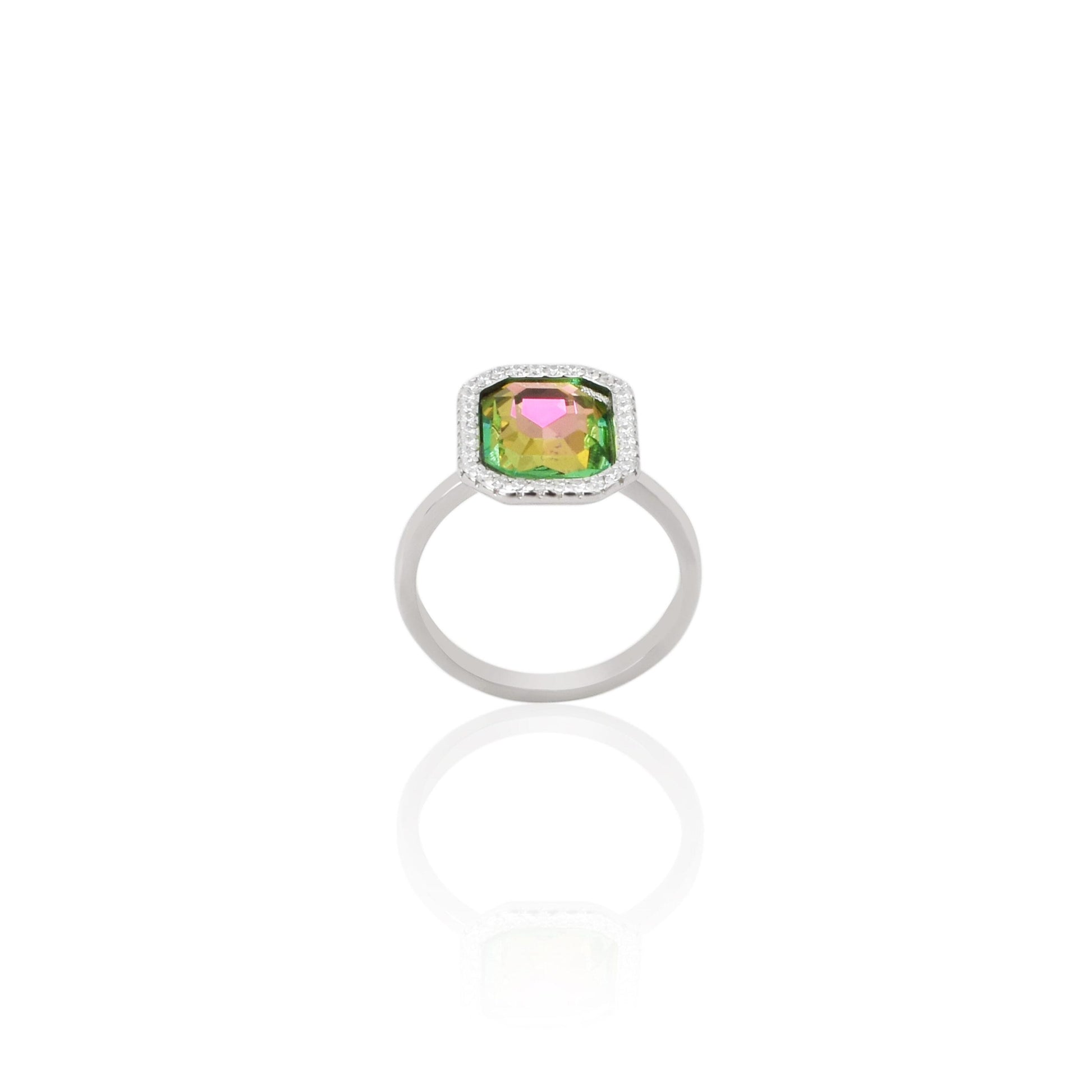 Close-up of a 925 silver ring showcasing a beautiful watermelon tourmaline stone for her.