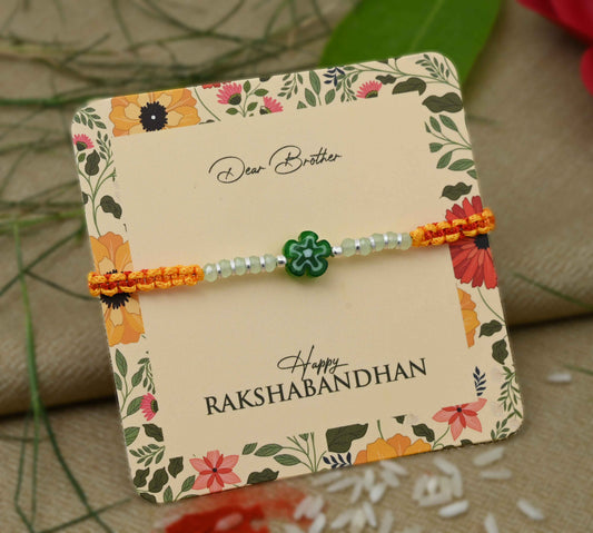 Silver Center Green Flower with Silver and Light Green Beads Rakhi for Boys