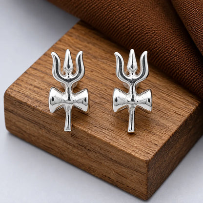Silver Trishul Damru Divine Stud Earrings