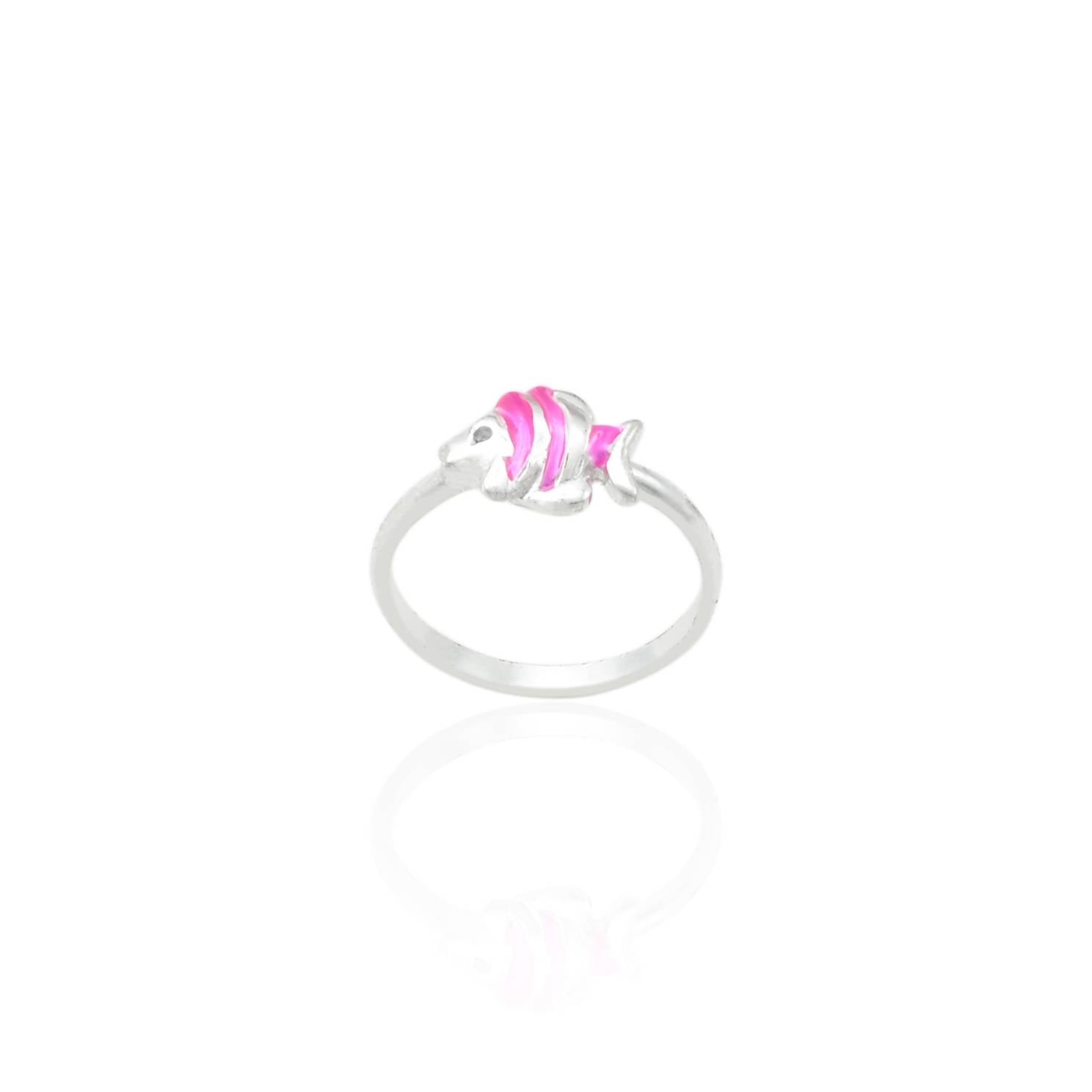 Elegant silver ring for babies with a playful pink fish motif.