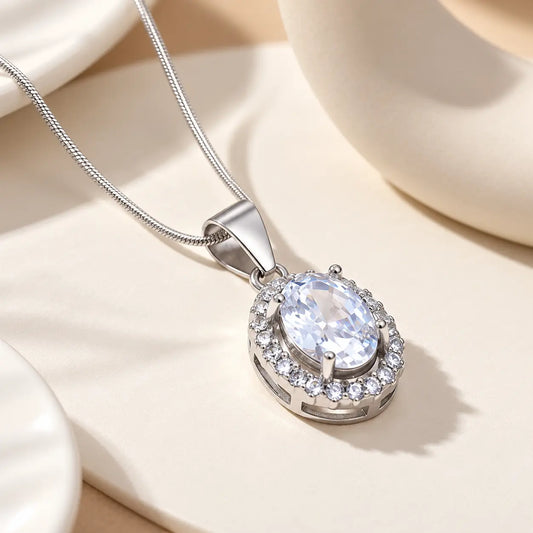 Silver Center CZ Oval Design Gem Stone Chain Pendant for Girls
