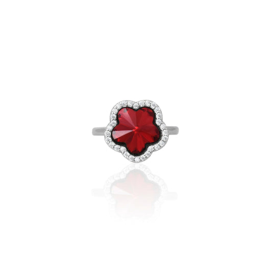 925 silver girls' ring with a flower cut design and a vibrant red stone centerpiece.