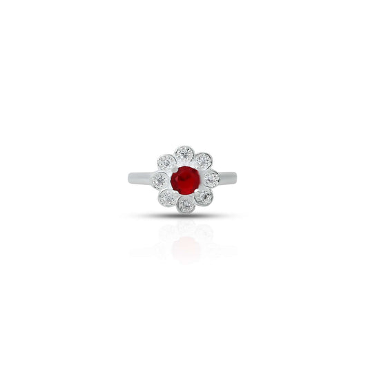 Silver girls' ring featuring a vibrant red stone at the center, surrounded by an intricate flower design