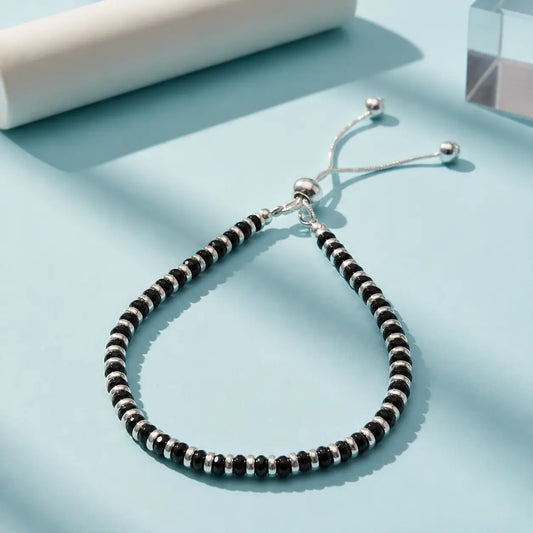 Black Beaded Silver Adjustable Bracelet