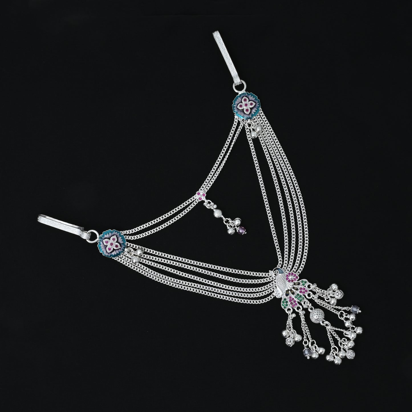 Elegant silver flower design kada payal for girls, adorned with colorful accents.