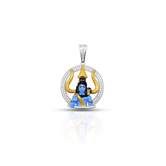 Sterling silver pendant featuring a blue Shiv Ji design with a Trishul background