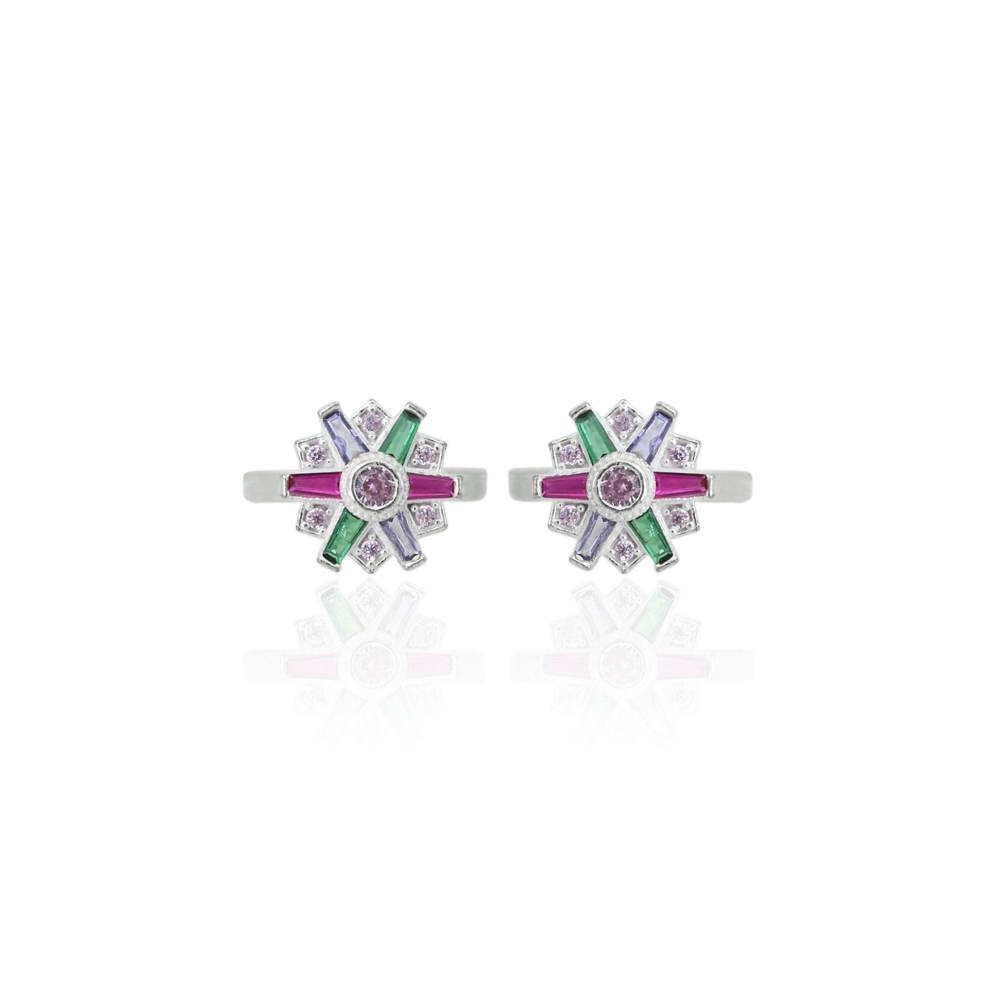 Elegant silver toe rings featuring a hexagonal design with multiple gemstones